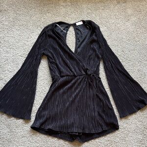 Pink Lily Black Pleated Long Sleeve Romper